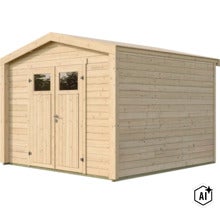 Gartenhaus aus Holz mit Satteldach und Doppeltür mit Fenstereinsätzen für den Garten (Image AI modified or generated)