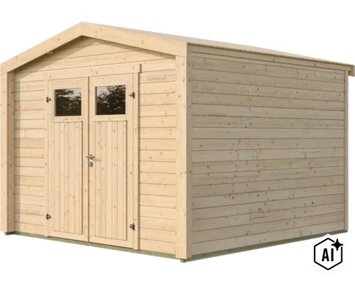 Gartenhaus aus Holz mit Satteldach und Doppeltür mit Fenstereinsätzen für den Garten (Image AI modified or generated)