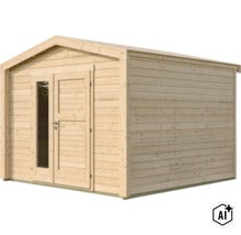 Gartenhaus aus Holz mit Satteldach und Doppeltür mit Glaseinsatz (Image AI modified or generated)