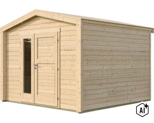 Gartenhaus aus Holz mit Satteldach und Doppeltür mit Glaseinsatz (Image AI modified or generated)