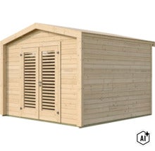 Gartenhaus aus Holz mit Doppeltür und Lamellenfenstern für den Außenbereich (Image AI modified or generated)