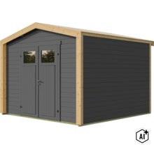 Modernes Gartenhaus aus Holz mit Doppeltür, Lichtausschnitten und Satteldach, ideal als Geräteschuppen für den Garten. (Image AI modified or generated)