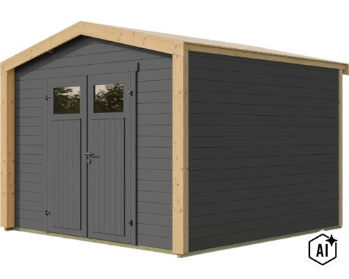 Modernes Gartenhaus aus Holz mit Doppeltür, Lichtausschnitten und Satteldach, ideal als Geräteschuppen für den Garten. (Image AI modified or generated)