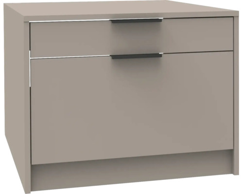 Moderner Unterschrank mit zwei Schubladen und schwarzen Griffleisten.