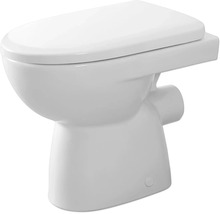 Bodenstehende Toilette aus weißer Keramik mit Toilettensitz und waagerechtem Abgang.