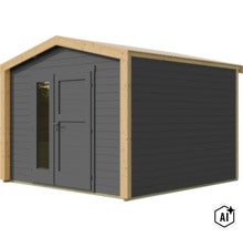 Modernes Gartenhaus aus Holz mit Satteldach und Flügeltür mit Glaseinsatz. (Image AI modified or generated)