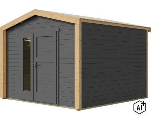 Modernes Gartenhaus aus Holz mit Satteldach und Flügeltür mit Glaseinsatz. (Image AI modified or generated)