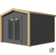 Modernes Gartenhaus aus Holz mit Satteldach und Doppeltür mit Lamellenfenstern (Image AI modified or generated)