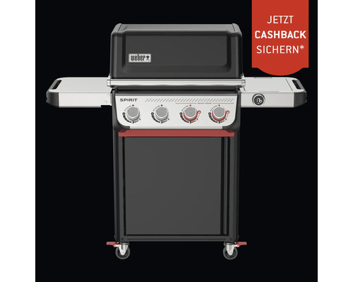 Weber Spirit Gasgrill mit vier Brennern, Sear Zone, Seitenablagen und Rollen inklusive Cashback Aktion.