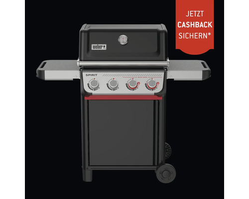 Weber Spirit Gasgrill mit Weber Logo, Sear Zone, Deckelthermometer, Seitenablagen und Hinweis auf eine Cashback-Aktion.