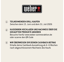 Weber Logo und Anleitung zur Cashback Aktion in drei Schritten: Teilnehmenden Grill kaufen, Kassenbon hochladen und Cashback erhalten.