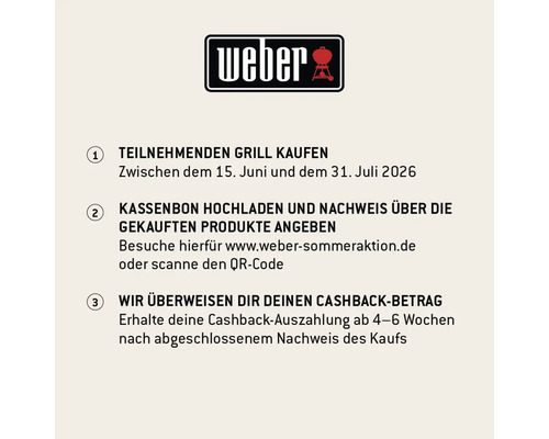 Weber Logo und Anleitung zur Cashback Aktion in drei Schritten: Teilnehmenden Grill kaufen, Kassenbon hochladen und Cashback erhalten.