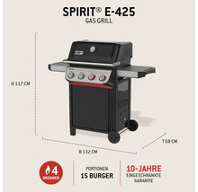 Weber Gasgrill Spirit E-425 mit 4 Brennern. Maße: Höhe 117 Zentimeter, Breite 132 Zentimeter, Tiefe 68 Zentimeter.