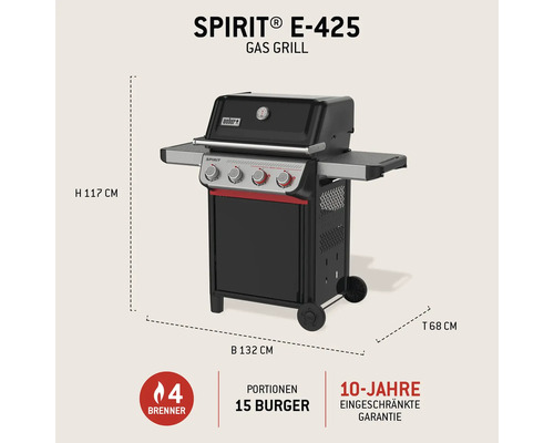 Weber Gasgrill Spirit E-425 mit 4 Brennern. Maße: Höhe 117 Zentimeter, Breite 132 Zentimeter, Tiefe 68 Zentimeter.