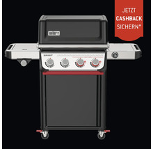 Weber Spirit Gasgrill mit vier Brennern, Seitenablagen und Rollen sowie Hinweis auf Cashback Aktion.