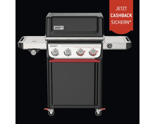 Weber Spirit Gasgrill mit vier Brennern, Seitenablagen und Rollen sowie Hinweis auf Cashback Aktion.