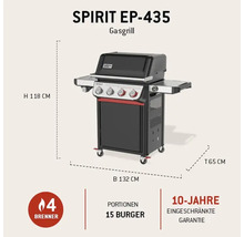 Gasgrill Weber Spirit EP-435, 4 Brenner, Kapazität 15 Burger, Maße 118 mal 132 mal 65 Zentimeter, 10 Jahre eingeschränkte Garantie.