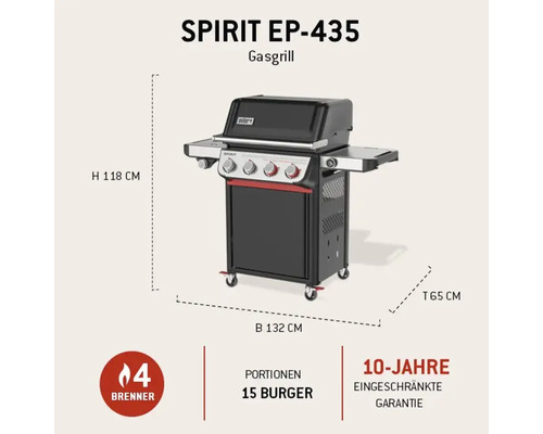 Gasgrill Weber Spirit EP-435, 4 Brenner, Kapazität 15 Burger, Maße 118 mal 132 mal 65 Zentimeter, 10 Jahre eingeschränkte Garantie.