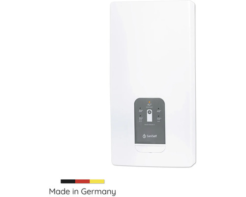 Elektronischer Durchlauferhitzer SaniSelf mit Temperatureinstellungen, hergestellt in Deutschland.