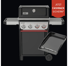 Weber Gasgrill Spirit mit vier Drehreglern, Seitenablagen, Deckelthermometer, einer Grillplatte und Cashback Aktion. Weber Logo.