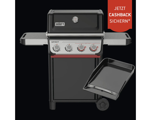 Weber Gasgrill Spirit mit vier Drehreglern, Seitenablagen, Deckelthermometer, einer Grillplatte und Cashback Aktion. Weber Logo.