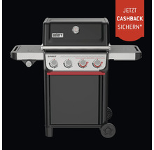 Weber Spirit Gasgrill mit Weber Logo, vier Reglern, Seitenablagen, Thermometer im Deckel und Hinweis auf Cashback Aktion.