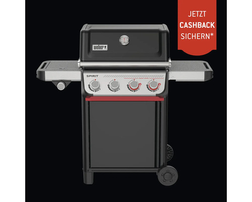 Weber Spirit Gasgrill mit Weber Logo, vier Reglern, Seitenablagen, Thermometer im Deckel und Hinweis auf Cashback Aktion.