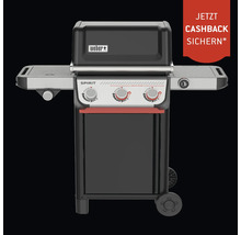 Weber Gasgrill Spirit mit Drehreglern, zwei Seitenablagen, digitaler Temperaturanzeige und Weber Logo. Information über Cashback Aktion.