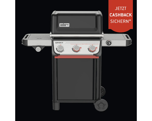 Weber Gasgrill Spirit mit Drehreglern, zwei Seitenablagen, digitaler Temperaturanzeige und Weber Logo. Information über Cashback Aktion.