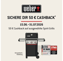 Weber Logo und Spirit Gasgrill. Aktion für 50 Euro Cashback vom 15.06. bis 31.07.2026. Auszeichnung als Top-Marke und 1. Platz für Langlebigkeit.