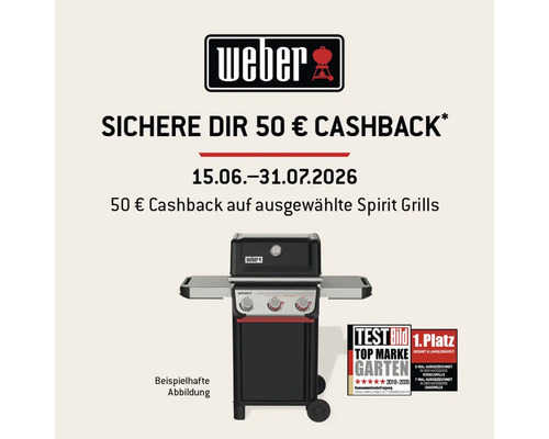 Weber Logo und Spirit Gasgrill. Aktion für 50 Euro Cashback vom 15.06. bis 31.07.2026. Auszeichnung als Top-Marke und 1. Platz für Langlebigkeit.
