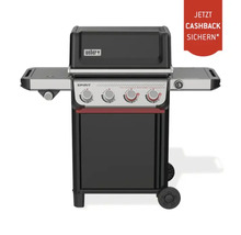 Weber Gasgrill Spirit mit vier Bedienknöpfen, zwei Seitenablagen und Rollen in Schwarz und Silber inklusive Cashback-Aktion.