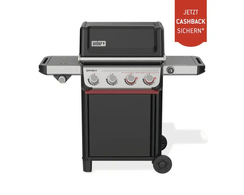 Weber Gasgrill Spirit mit vier Bedienknöpfen, zwei Seitenablagen und Rollen in Schwarz und Silber inklusive Cashback-Aktion.