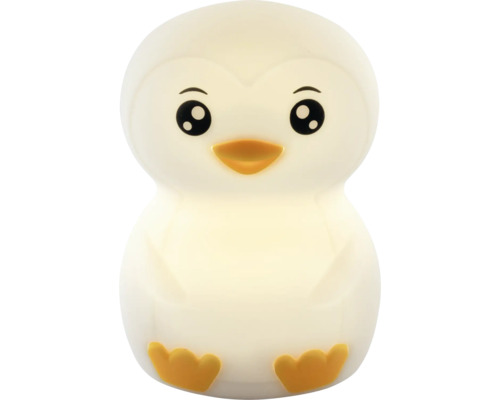 Pinguin Nachtlicht für Kinder, leuchtendes Kunststoffgehäuse mit orangem Schnabel und Füßen.