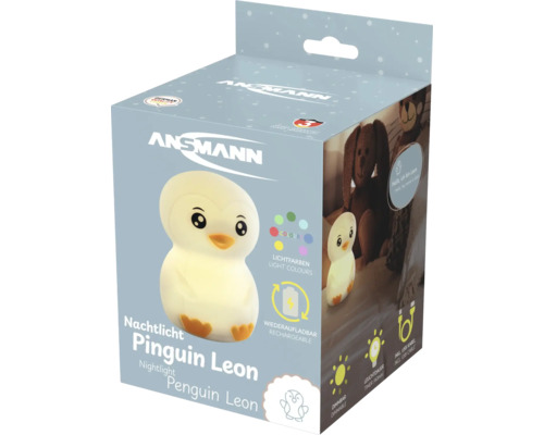 ANSMANN Nachtlicht Pinguin Leon in der Verpackung, wiederaufladbar, dimmbar, mit Timer und verschiedenen Lichtfarben.