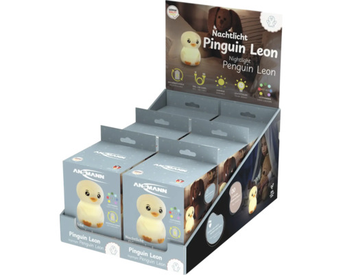 Ansmann Verkaufsdisplay für Nachtlicht Pinguin Leon. Wiederaufladbar, inklusive USB-Kabel, dimmbar, 60 Minuten Timer, verschiedene Lichtfarben.