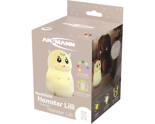 ANSMANN Nachtlicht Hamster Lilli in Hamsterform, wiederaufladbar mit USB-Kabel, dimmbar und mit Timer-Funktion.