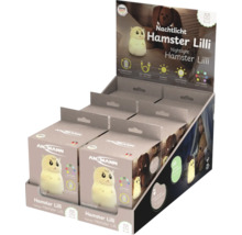 ANSMANN Logo auf Verkaufsdisplay mit Nachtlichtern Hamster Lilli, aufladbar, inklusive USB-Kabel, dimmbar, mit 60 Minuten Timer und Lichtfarben.