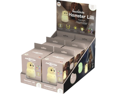 ANSMANN Logo auf Verkaufsdisplay mit Nachtlichtern Hamster Lilli, aufladbar, inklusive USB-Kabel, dimmbar, mit 60 Minuten Timer und Lichtfarben.