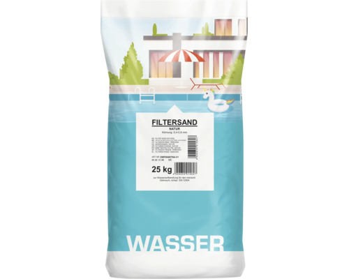 Beutel mit 25 Kilogramm Filtersand Natur, Körnung 0,4 bis 0,8 Millimeter, zur Wasseraufbereitung in Schwimmbecken.