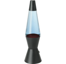 Lavalampe mit schwarzem Sockel, blauem Wasser und rotem Wachs.
