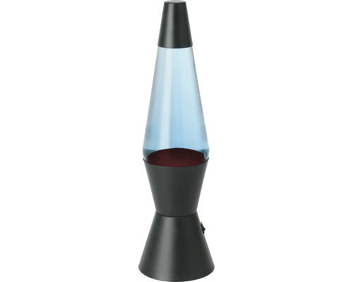 Lavalampe mit schwarzem Sockel, blauem Wasser und rotem Wachs.