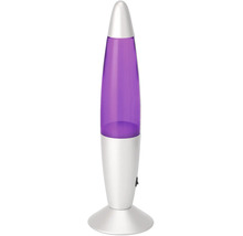 Lavalampe in Raketenform mit silbernem Sockel und violetter Flüssigkeit.