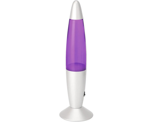 Lavalampe in Raketenform mit silbernem Sockel und violetter Flüssigkeit.