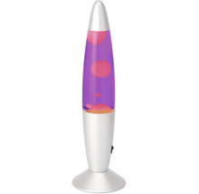 Raketenförmige Lavalampe mit silbernem Sockel und Deckel, gefüllt mit lila Flüssigkeit und pinkfarbenem Wachs.