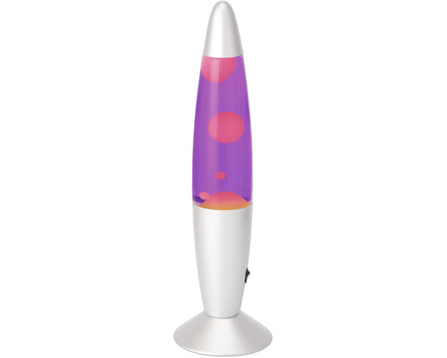 Raketenförmige Lavalampe mit silbernem Sockel und Deckel, gefüllt mit lila Flüssigkeit und pinkfarbenem Wachs.