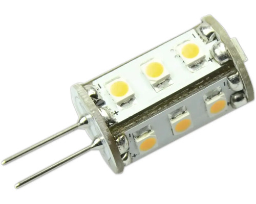 LED-Leuchtmittel mit G4-Stiftsockel und mehreren LED-Chips auf einem zylindrischen Körper.