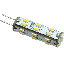 LED-Leuchtmittel G4 Stiftsockel für Gleichstrom mit gelben LED-Chips und zwei Metallstiften.