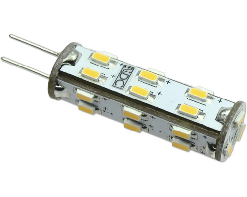 LED-Leuchtmittel G4 Stiftsockel für Gleichstrom mit gelben LED-Chips und zwei Metallstiften.
