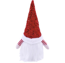 Weihnachts-Wichtel mit roter Pailletten-Mütze, weißem Bart und rot-weiß gestreiften Armen aus Plüsch.